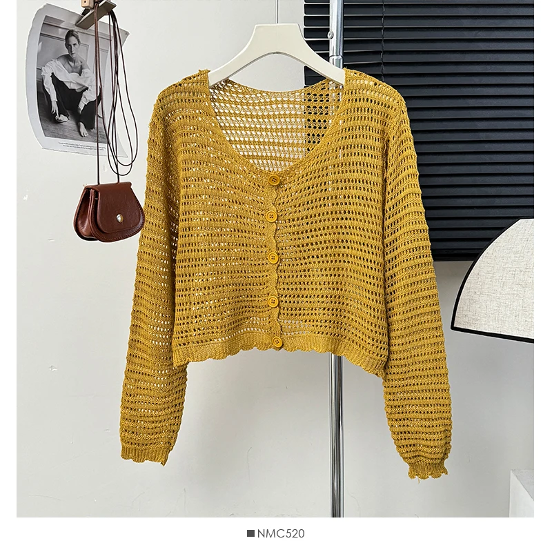 Pointelle Knit Long Sleeve Button Front Crochet Crop Top Cardigan Jacket for Women Cover-Up Spring Summer Y2K Grunge Outfit