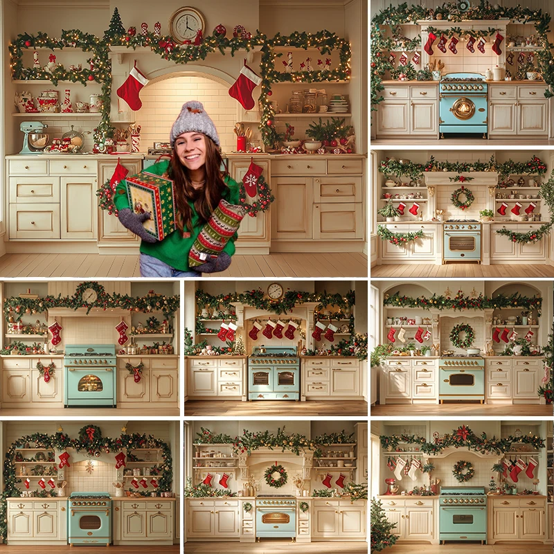 

LS Christmas Kitchen Photography Background Winter Indoor Xmas Tree Backdrops Family Portrait Party Decor Banner Photocall