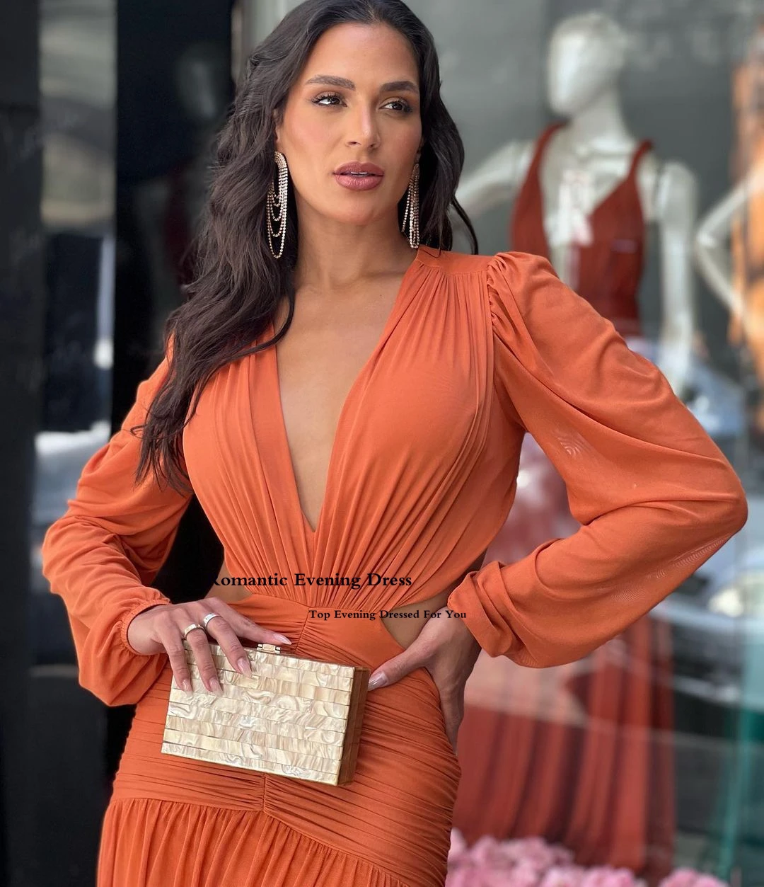 Romantic Simple Cutout Orange Chiffon Prom Dresses Elegant V-neck Backless Long Prom Gowns Formal Party Long Sleeves Women 2022