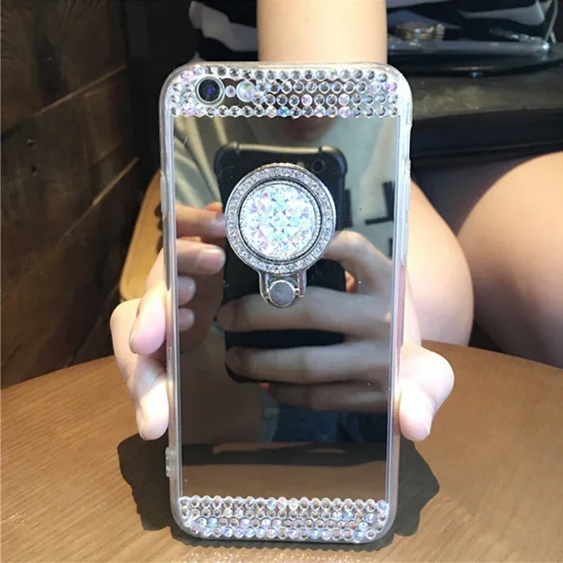 For iPhone 16 15 14 13 12 11 Pro Mini 8 7 XS Max XR SE Case Glitter Diamond 360 Rotation Ring Stand TPU Mirror Rhinestone Funda