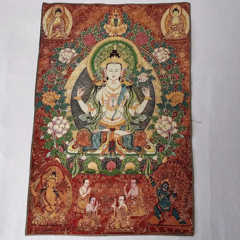 35.4″  Four-Armed Avalokiteshvara Bodhisattva Brocade Tibetan Tangka Embroidery Painting Gold Thread Embroidery Hanging Pictures