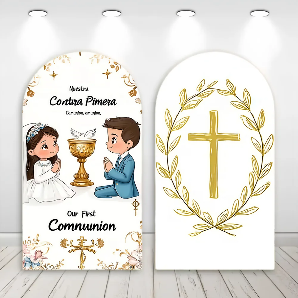 

Custom 2-Side Gold Bless Childhood Baptism Arch Backdrop Covers Baby Shower First Communion Kids Baptism Decor Backdrop Photo