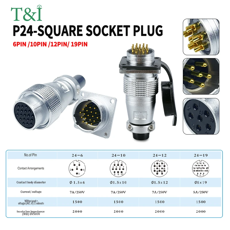 

P24 aviation plug socket 6pin 10 pin 12pins 19P male female docking square flange industrial connector