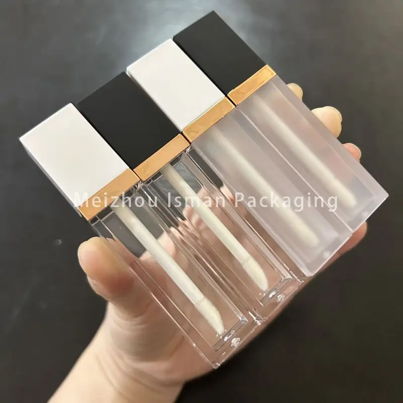 

50Pcs empty new 7ml frosted black lipstick lipgloss packaging clear square white lip gloss container tubes with wands