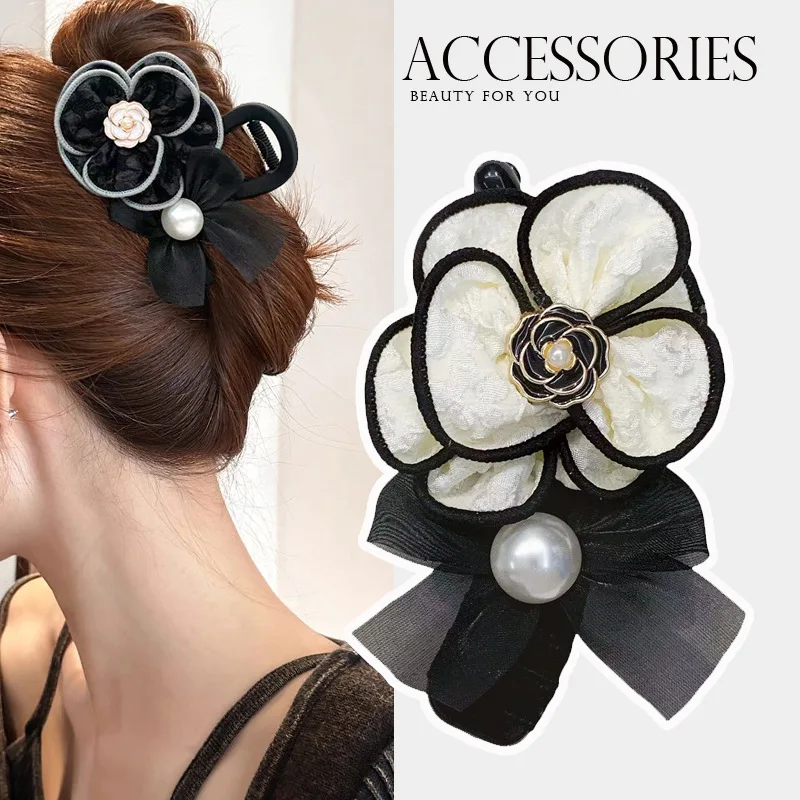 Korean Hair Accessories Camellia Fabric Flower Chiffon Butterfly Knot Elegant Women's Banana Clip Vertical Clip Hairpin