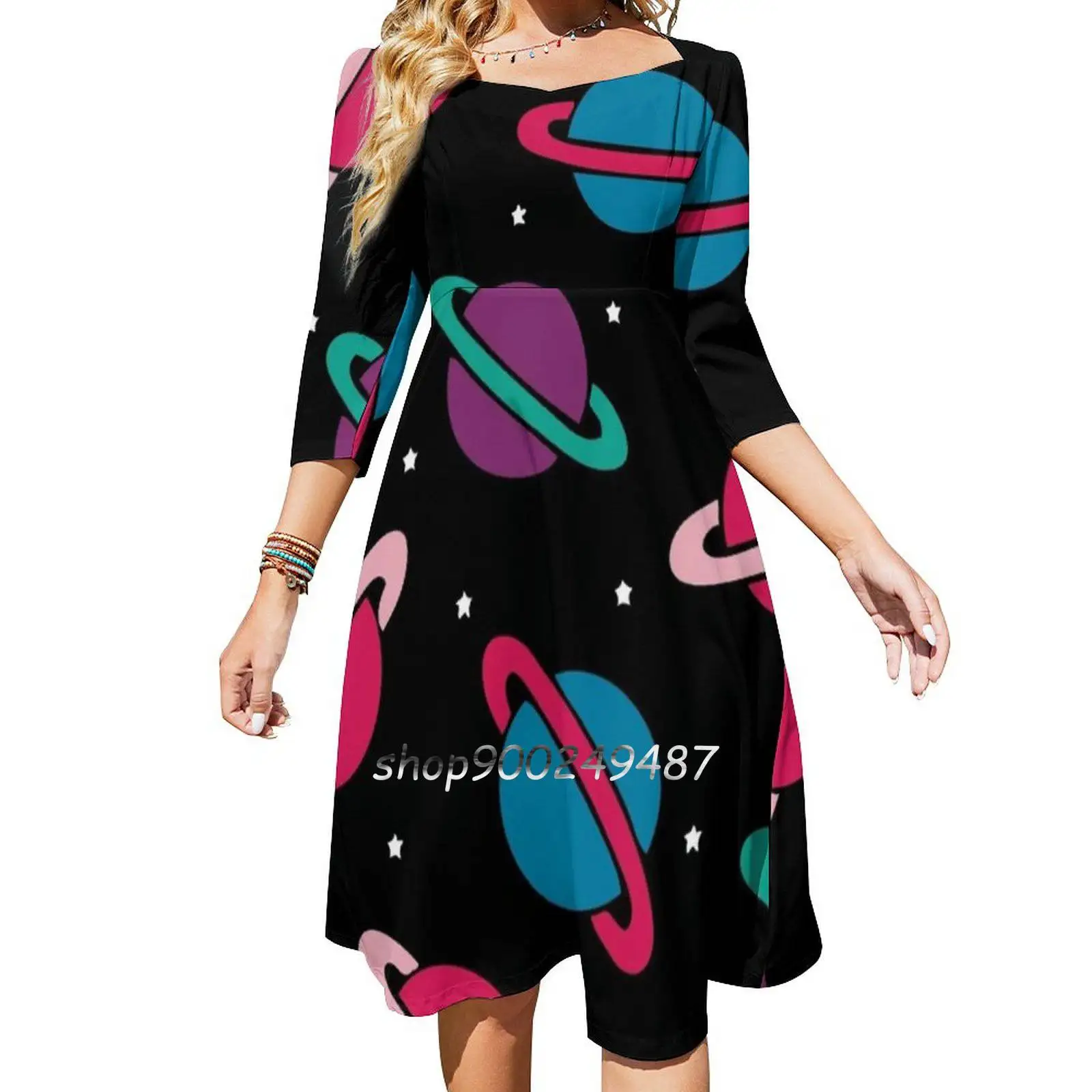 Neon Space Planets Pattern Sweetheart Knot Flared Dress Fashion Design Large Size Loose Dress Space Stars Galaxy Planets