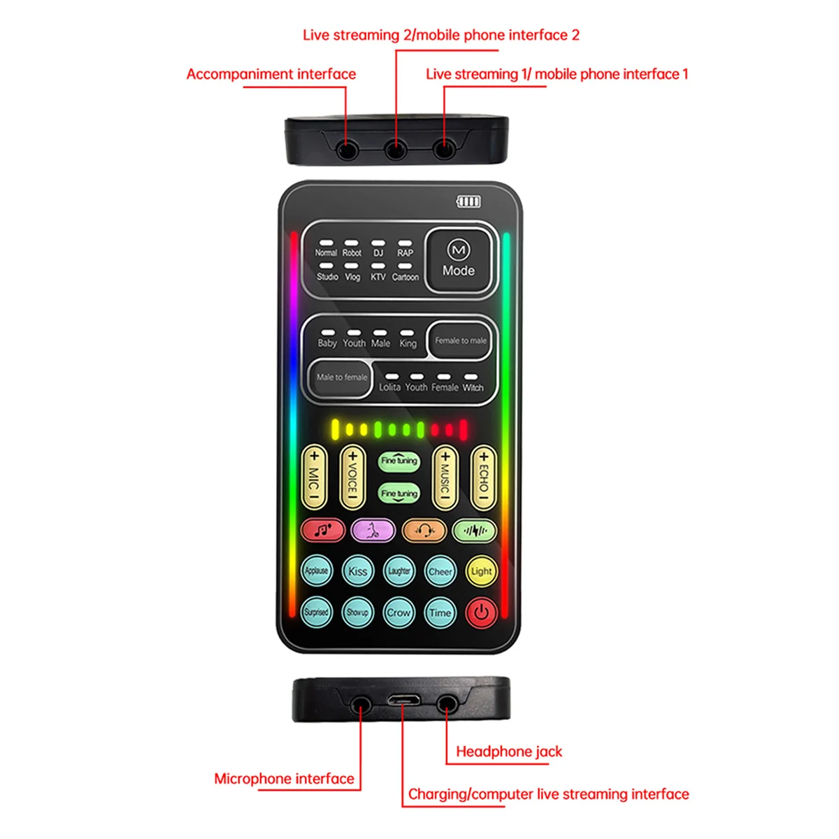 

I9 Voice Changer Полный комплект с несколькими аудиоэффектами Bluetooth Живые звуковые карты Ультратонкие портативные живые звуковые карты Микрофонный инструмент