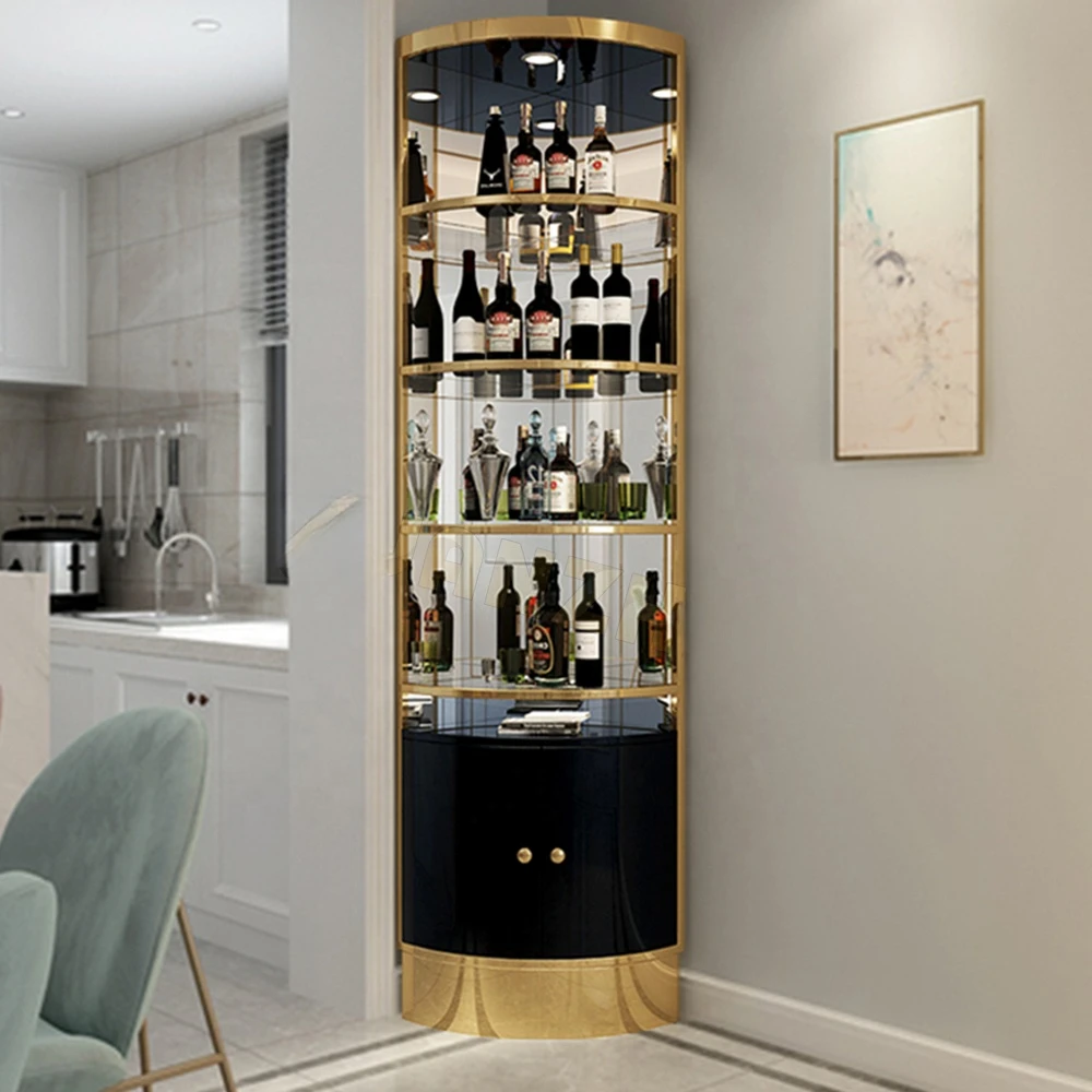 Living room stainless steel metal frame wine cabinet luxury double door glass corner bar wine cabinet