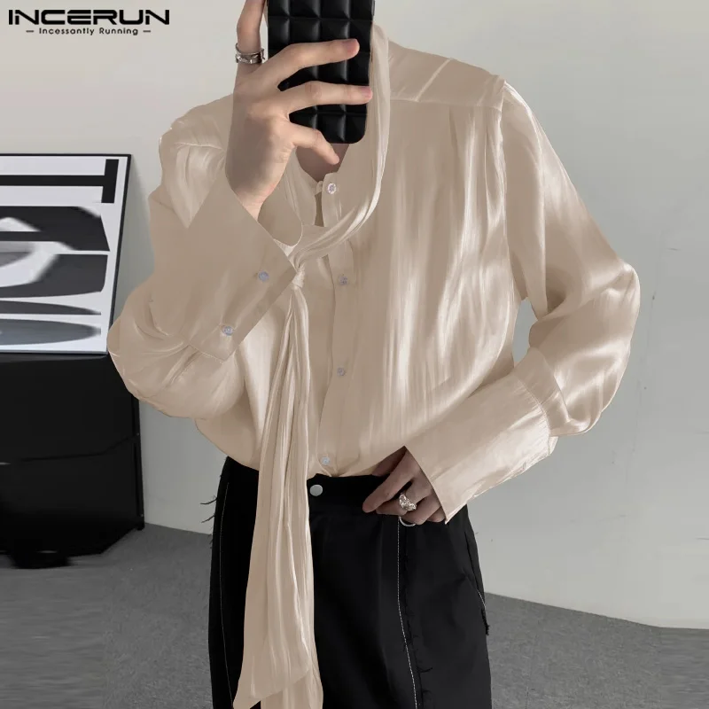 2024 Men Shirt Solid Color Shiny Lace Up Long Sleeve Button Korean Men Clothing Streetwear Loose Fashion Casual Shirts INCERUN