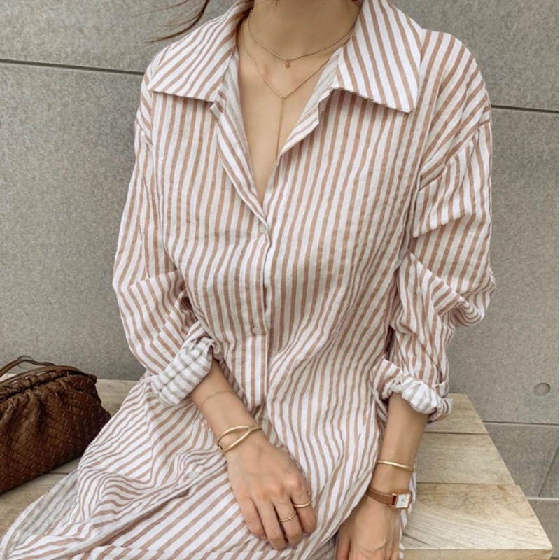 REALEFT Spring Summer Vintage Striped Women\'s Shirts Dress 2024 New Long Sleeve Single Breasted Korean Casual Loose Dresses