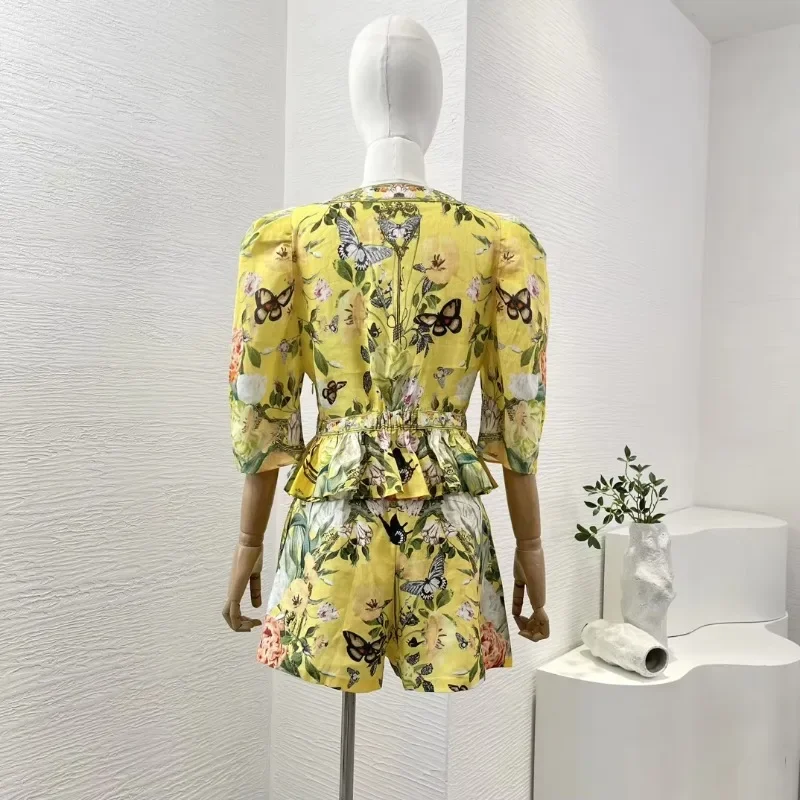 Women's Yellow Linen Floral Print High Quality V-neck Pullover Blouse and Elastic Wasit Side Zipper Shorts Set