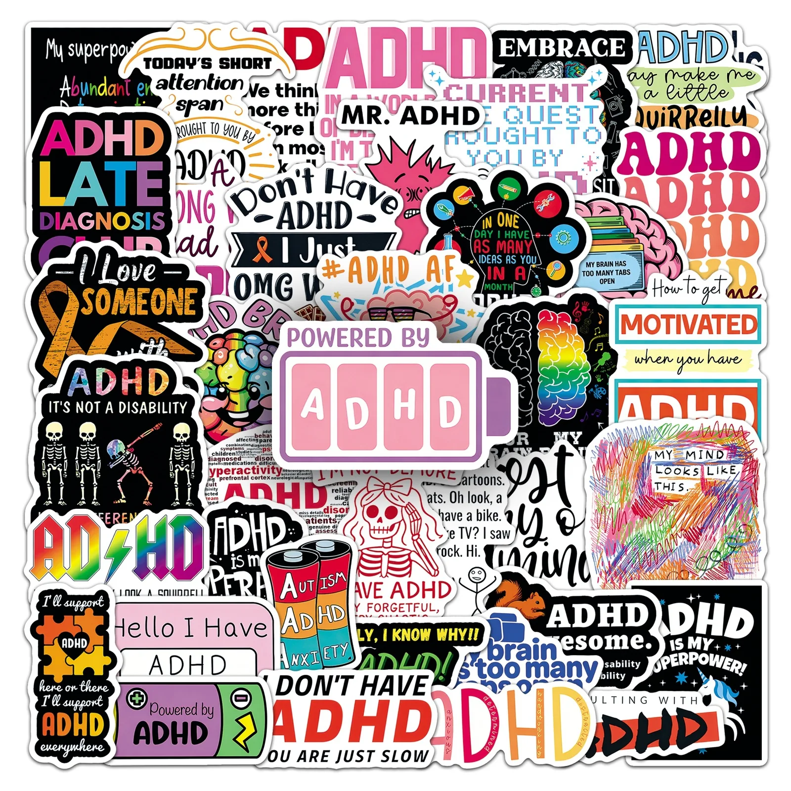 50PCS ADHD Themed Stickers Funny Neurodiversity Mental Health Decals Waterproof Stickers For Laptop Water Bottle Luggage