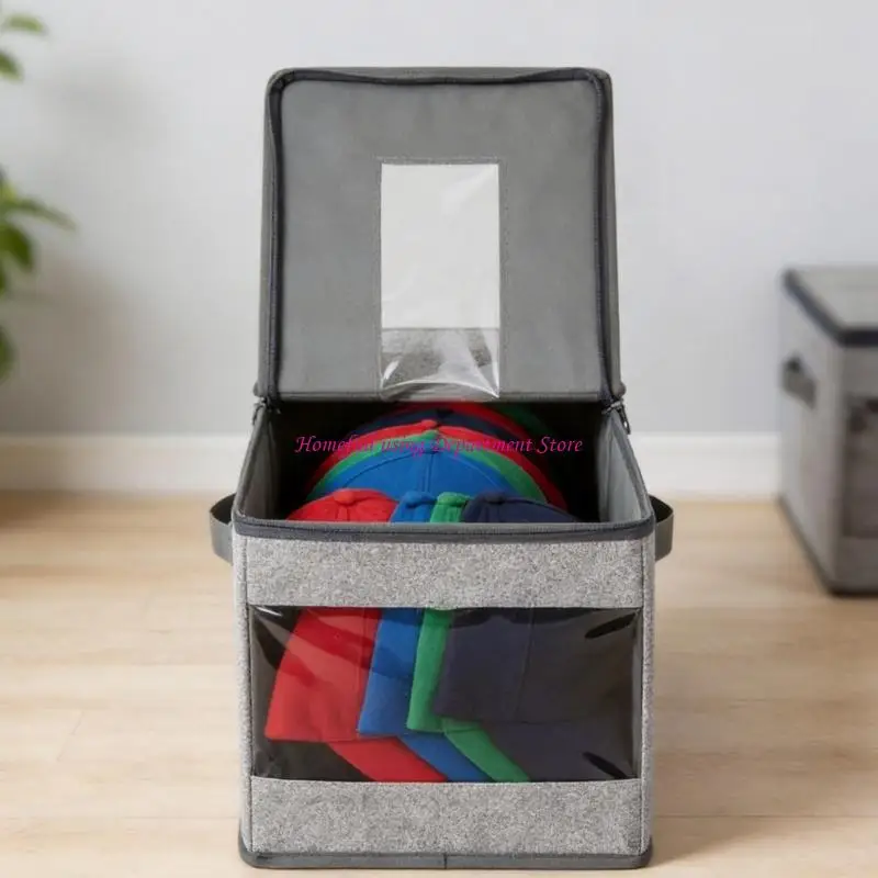 Hat Storage Box with Side Handle and Clear Lid for Closet Shelves