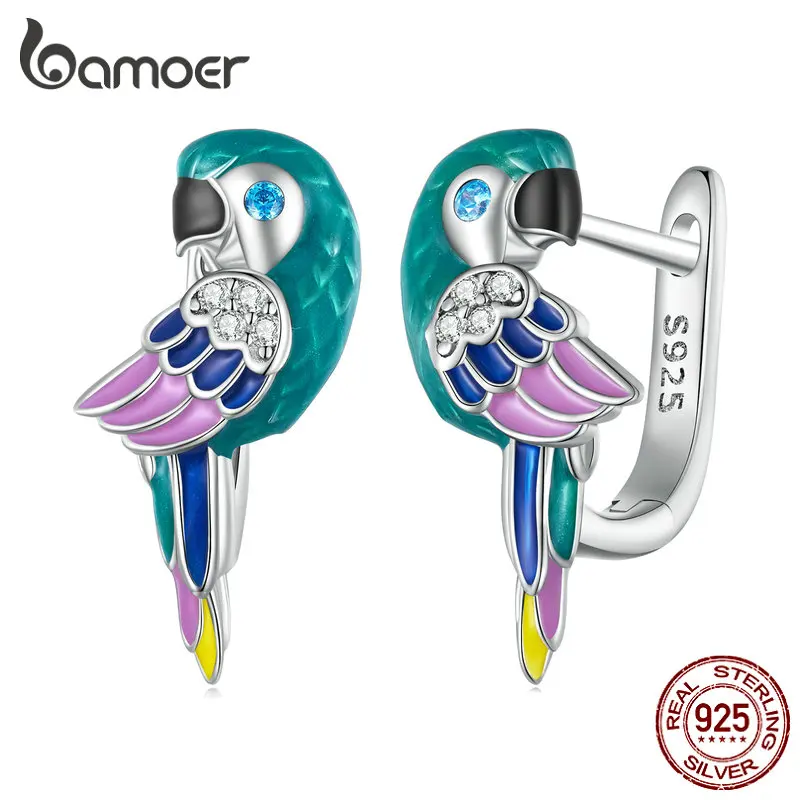 Bamoer 925 Sterling Silver Clolorful Enamel Parrot Ear Buckles Bird Hoop Earrings for Women Platinum Plated Fine Jewelry