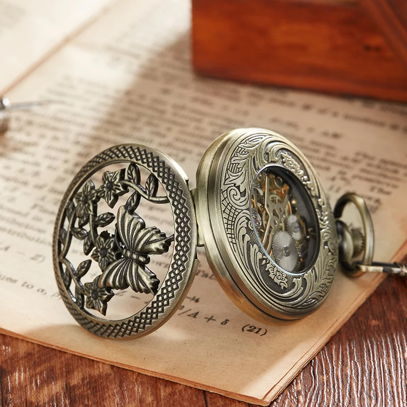 Butterfly Hollow Pocket Watch Skeleton Steampunk Mechanical Fob Watches Vintage Clock Pendant Hand-winding Male Relogio De Bolso