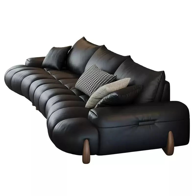 Furniture: leather sofa, modern simple size apartment, living room, in-line first floor, cowhide black curved sofa