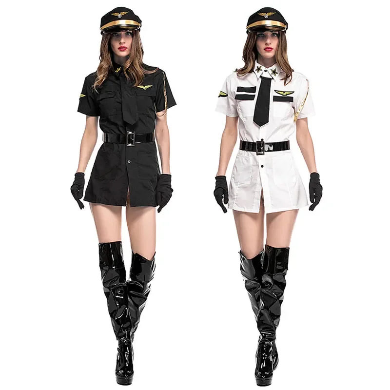 Black White Sexy Women Pilot Costumes Fancy Uniform Stewardess Cosplay Suit Carnival Masquerade Nightclub Role Play Dress AS1432