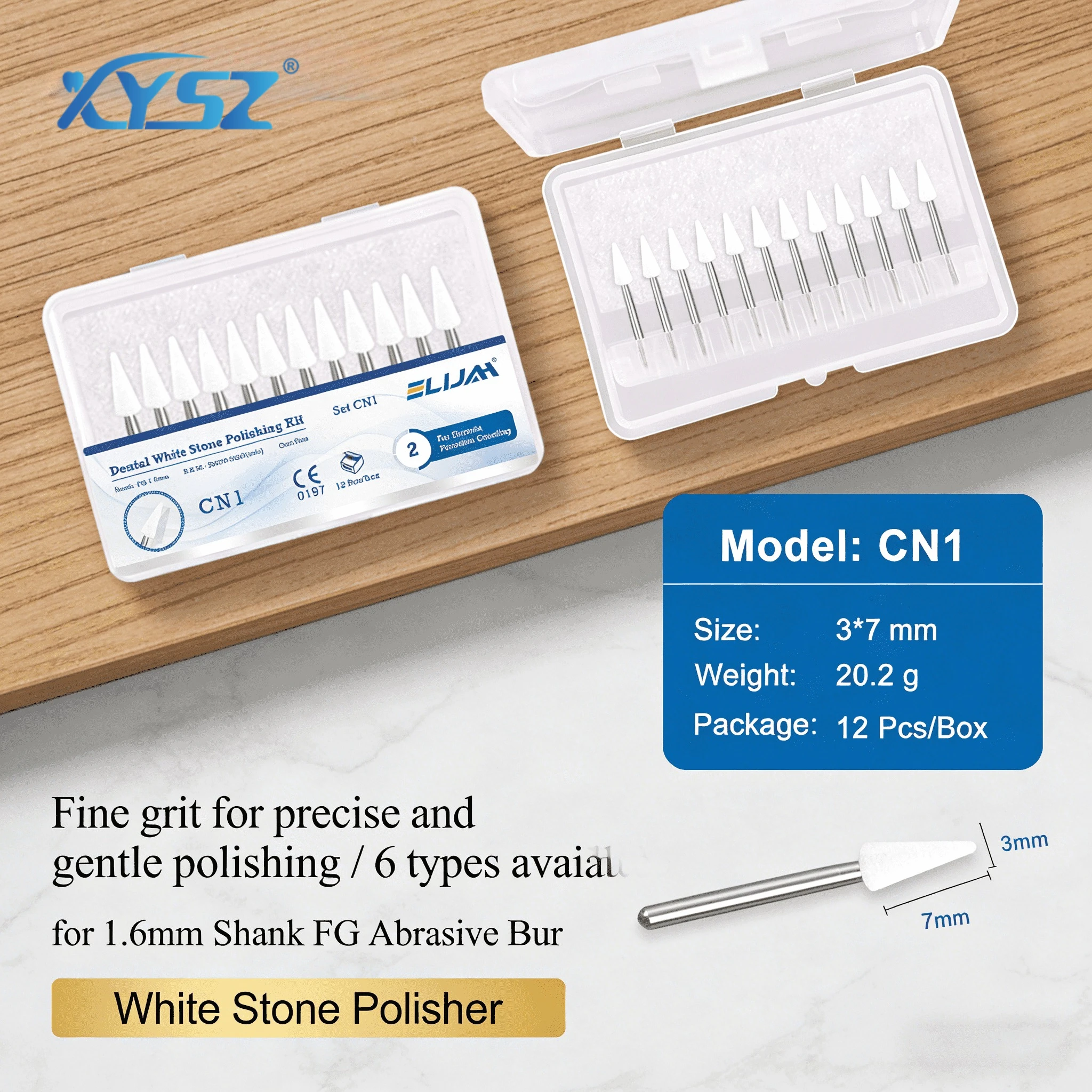 12Pcs/5Box Dental White Stone Polisher for 1.6mm Shank FG Abrasive Burs Flame/Cone/Round Porcelain Crown&Composite Dentist Tools
