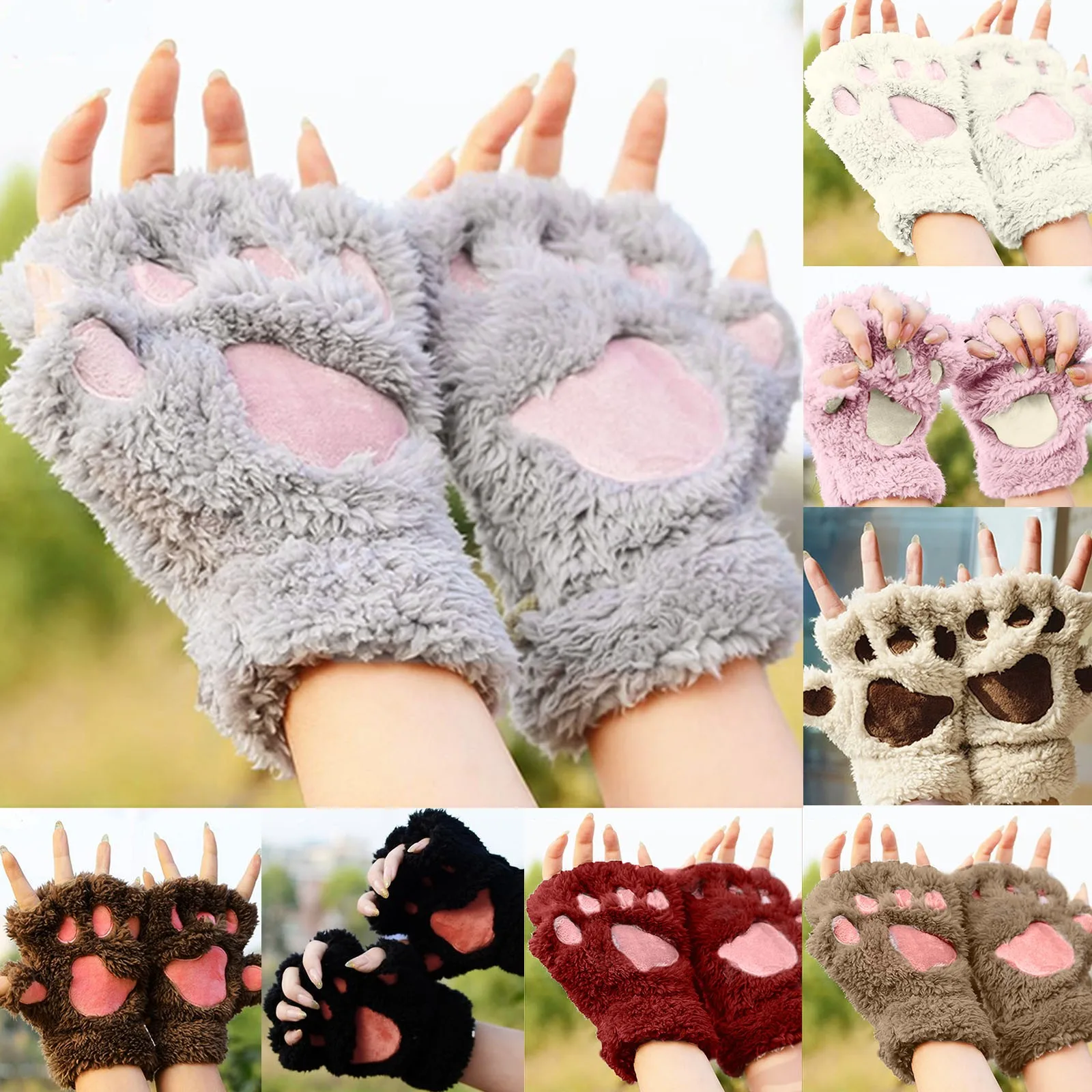 

Cute Cat Paw Fluffy Claw Fingerless Gloves Warm Soft Plush Fingerless Panda Glove Half Finger Women Winter Wear Christmas Gifts