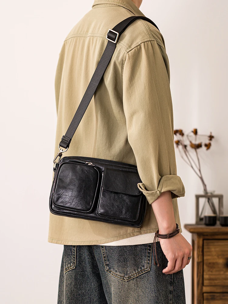 outdoor work luxury genuine leather men's black multi-pocket shoulder bag casual handmade real cow leather black messenger bag