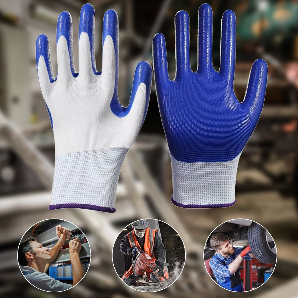 1-10Pairs Work Gloves security Protection Grey Nylon Nitrile Gloves Blue Latex Coated Breathable Wear Logging Carpenter Supplies