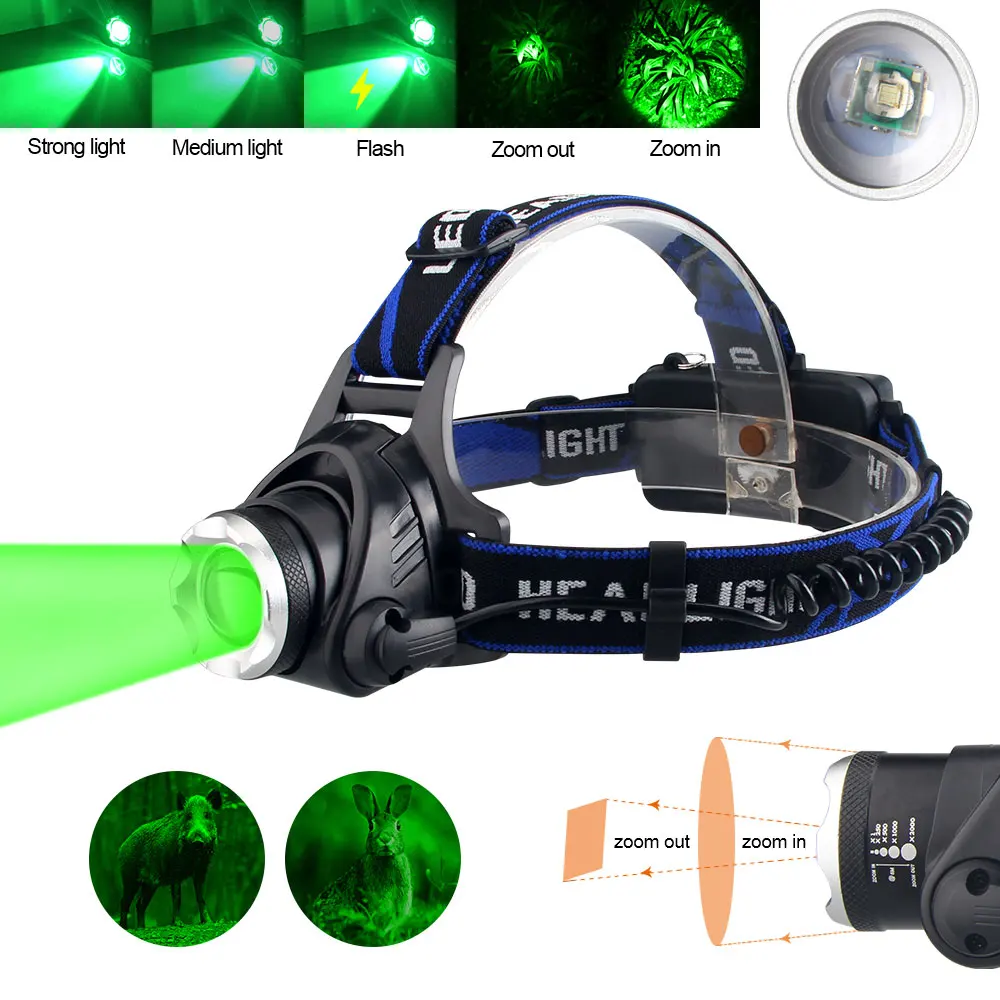 Outdoor tactical red/green/purple headlight 3 gear zoom LED headlight hunting fishing headlight