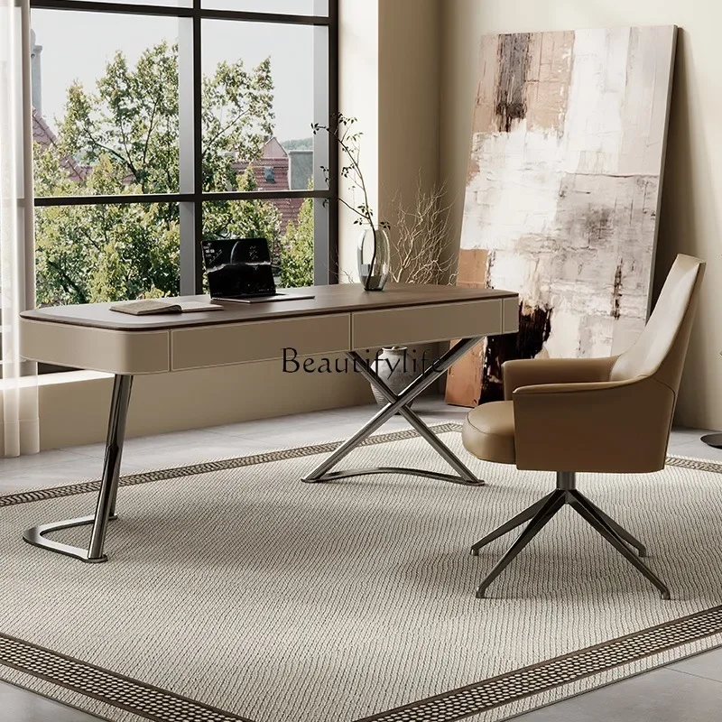 

yj5 *Solid wood desk light luxury modern simple saddle leather office table