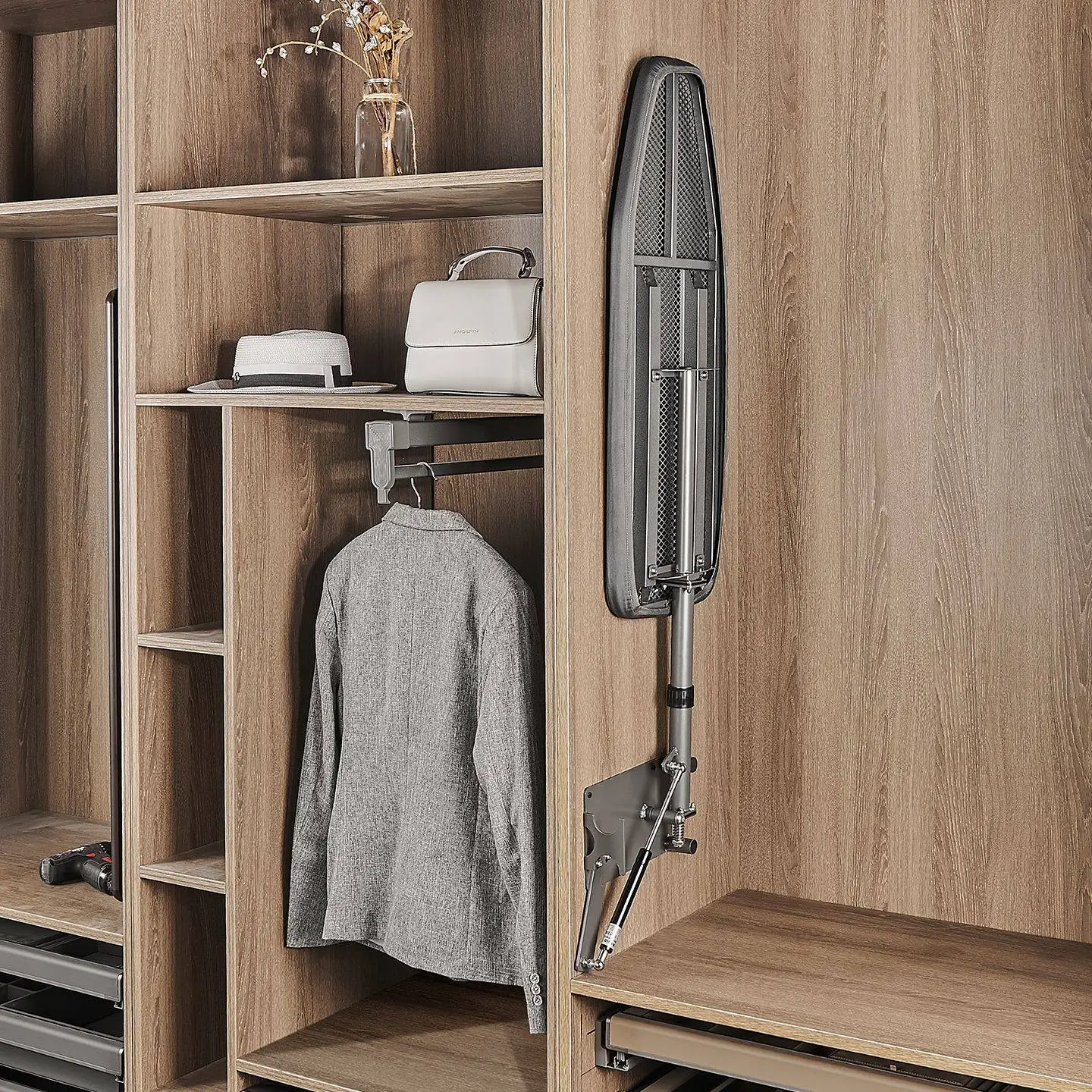 Wardrobe side ironing board hidden iron rack telescopic damping folding cloakroom