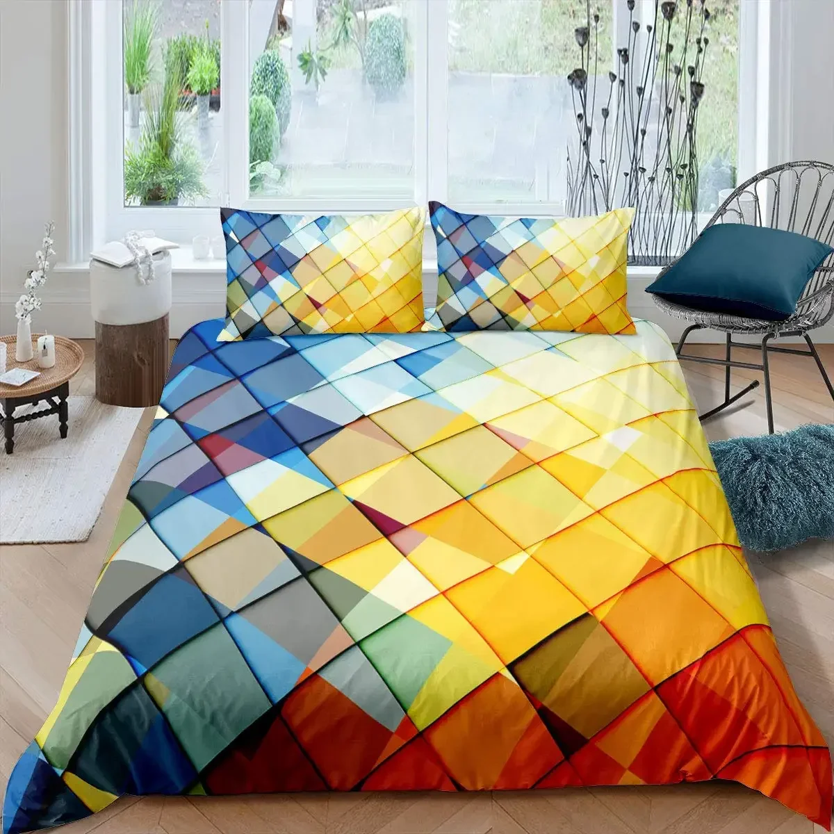 Red Glowing Polygonal Grid Pattern Bedding Set Duvet Cover Bedroom Covers Single Twin King ​Size Quilt Cover Home Textile 2/3PCS