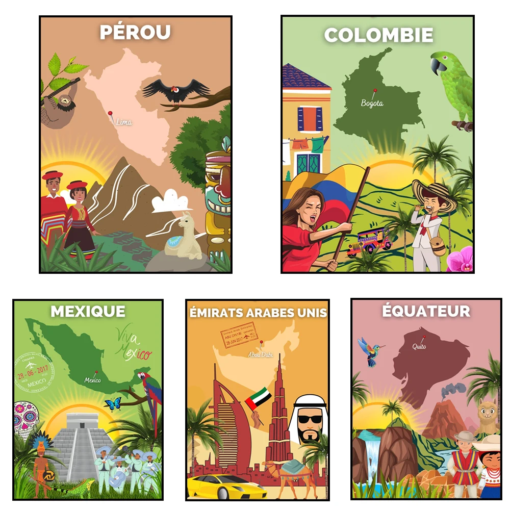 Travel posters for Brazil, Peru, Ecuador, Dubai (United Arab Emirates), Guyana, Colombia, Turkey, Jordan, Mexico, and Canada.