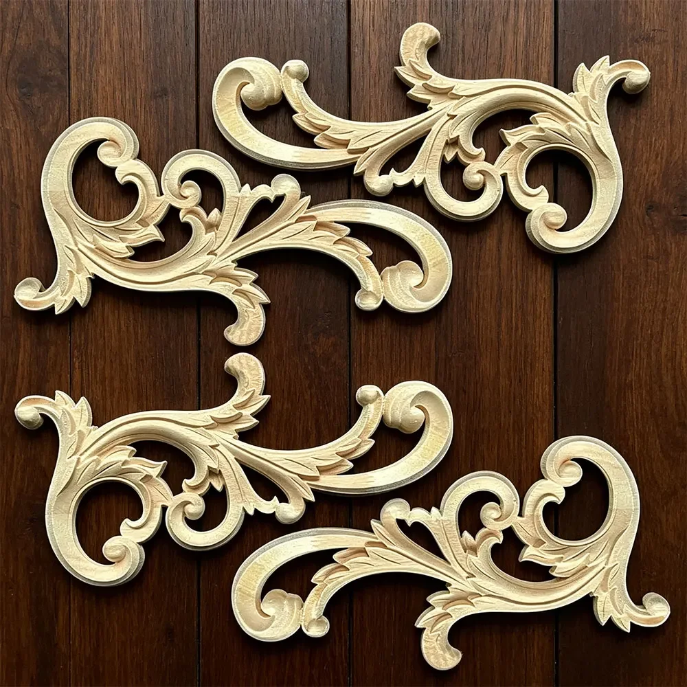 2PCS 26cm European Woodcarving Decal Corner Applique Frame Wall Door Home Furniture Decorative Figurines Wooden Miniatures