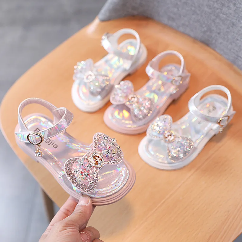 Children Sequins Sandals for Girls Sweet Bow Rhinestone Cartoon Princess Shoes Fashion Non-slip Flat Kids Soft Bottom Sandals