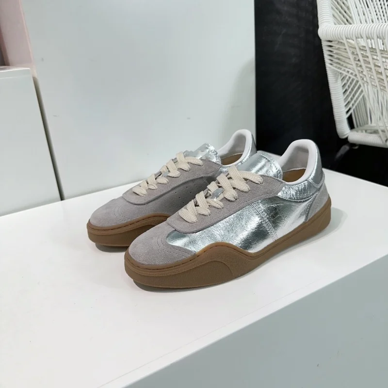 New thick soled training shoes, women's genuine leather retro color block shoes, casual walking sports shoes