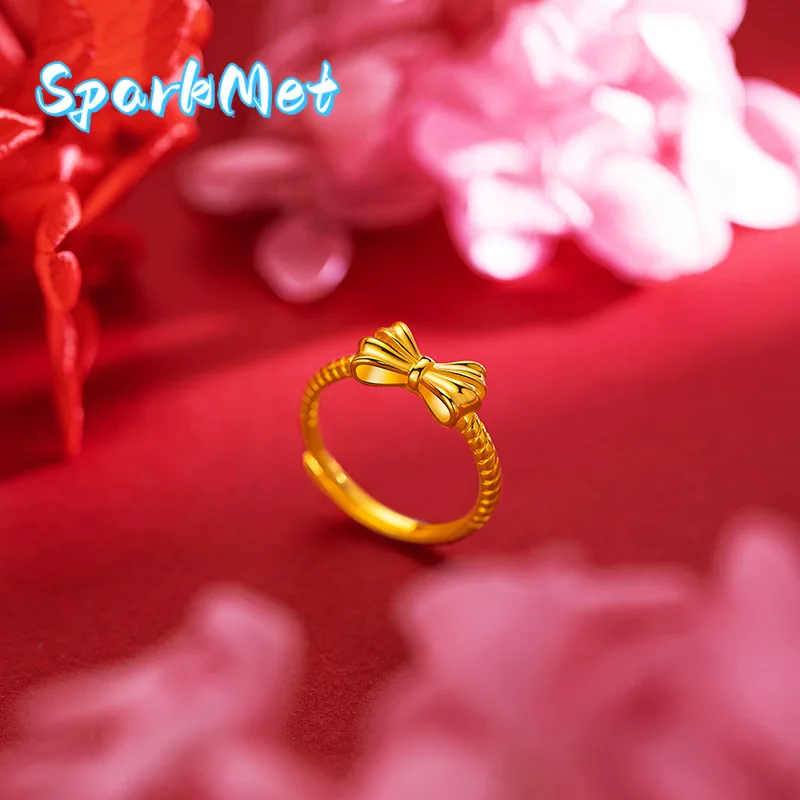 

Кольцо Sparkmet 9999 из настоящего золота 24K с бантом-бабочкой, высококачественное, для студенток, модное и милое, регулируемое
