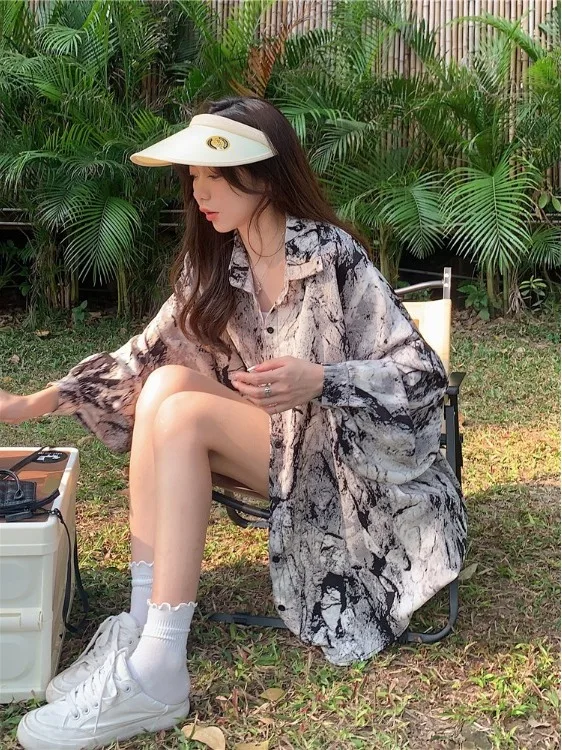 

Loose Korean Style Long Sleeve Shirt Women's plus Size Spring New Loose Fashion Slimming Top Watercolor Painting Design