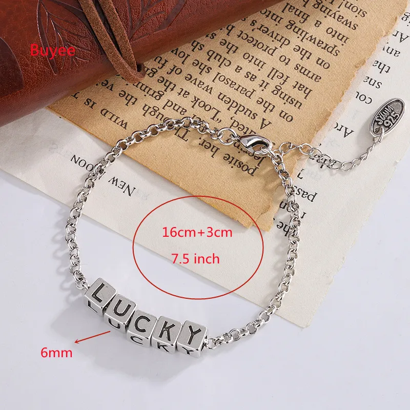 Buyee 925 Sterling Silver Couples Bracelets Stamp LUCKY Bead Bracelets Chain for Women Men Fashion Fine Jewelry Bracelets Gift