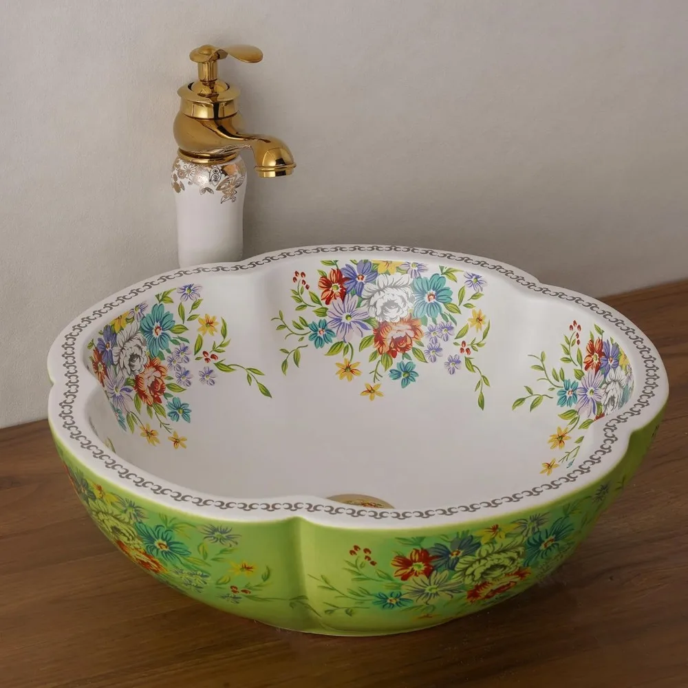Зеленая фарфоровая раковина в форме цветка для ванной комнаты и туалетного столика в китайском стиле