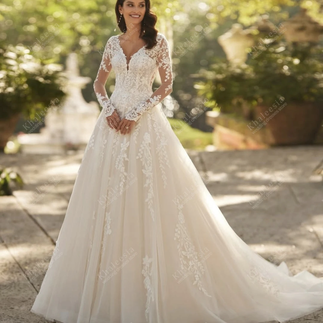 

Gorgeous Wedding Dresses Charming Bridal Gowns Lace Appliques Deep V Neck Full Sleeves Robes Vestidos De Novia Customized 2025