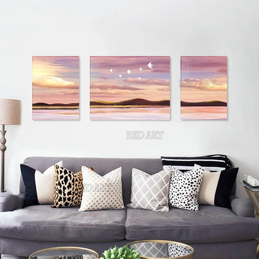 

Handmade 3 Panels Abstract Sunset Scenery Oil Painting Unframed Canvas Art Wall Picture Artwork For Hotel Wall Decoration