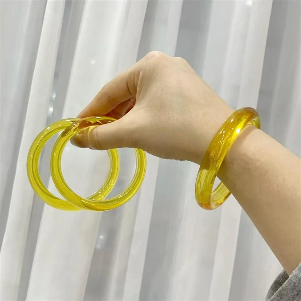 Amber Color Round Bangle for Women, Translucent Golden Amber Slim Circle Bracelet, Vintage Chinese Style Jewelry Gift for Mom