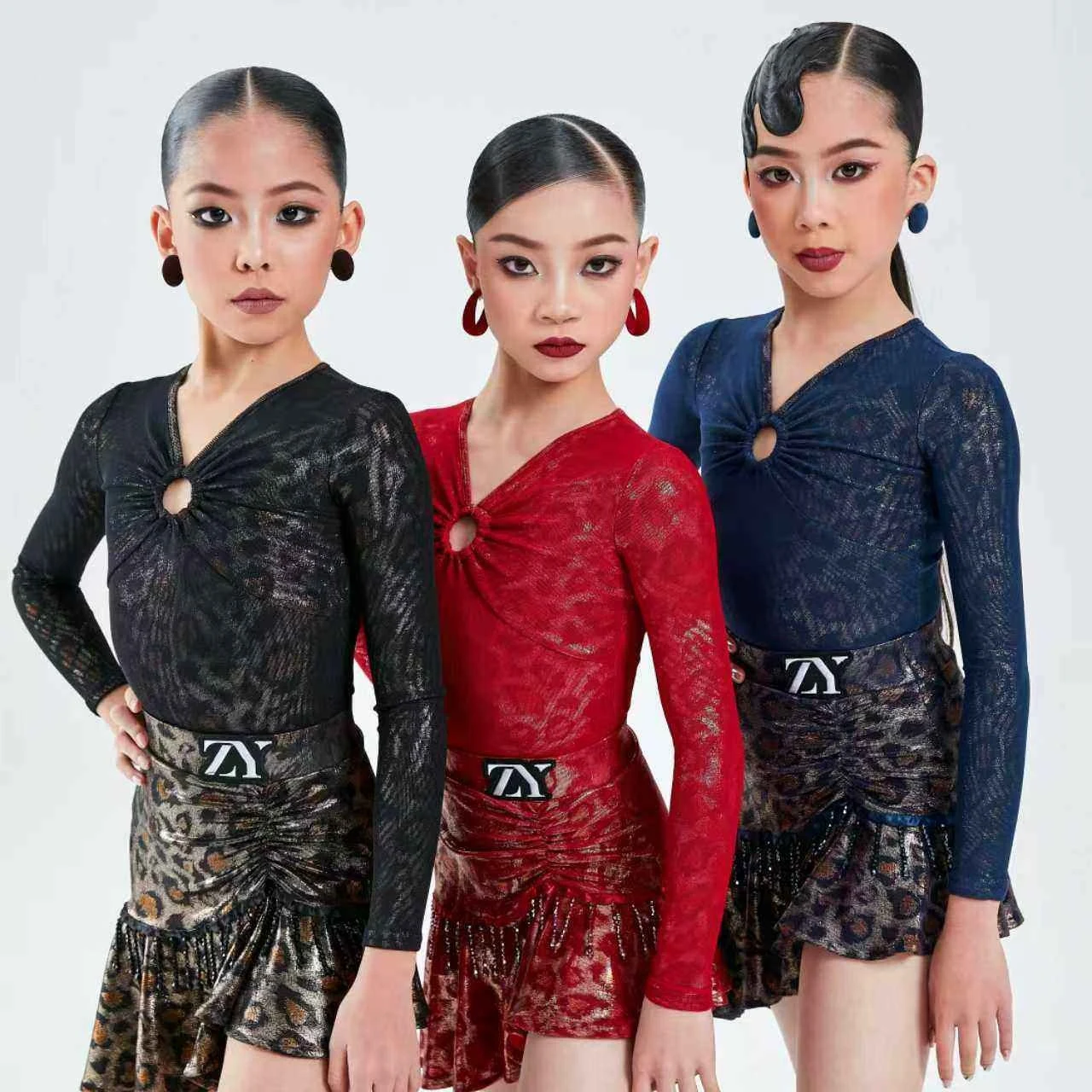 

Kids Latin Dance Clothes Girls Long Sleeves Leopard Tops Skirt Cha Cha Dance Performance Dress Latin Dance Practice Suit NV26184