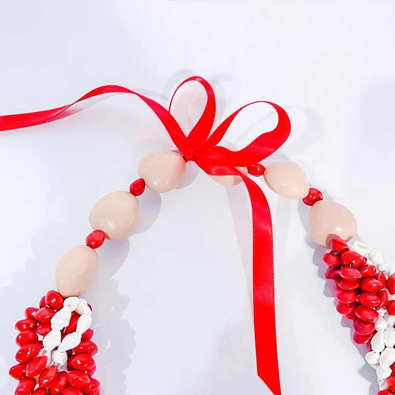 2023 Summer Hot Sale Handmade Braided Woman Necklace Red Lucky Seeds With Natural Long Cowry Shell Tropical Samoa Style Lopa Set