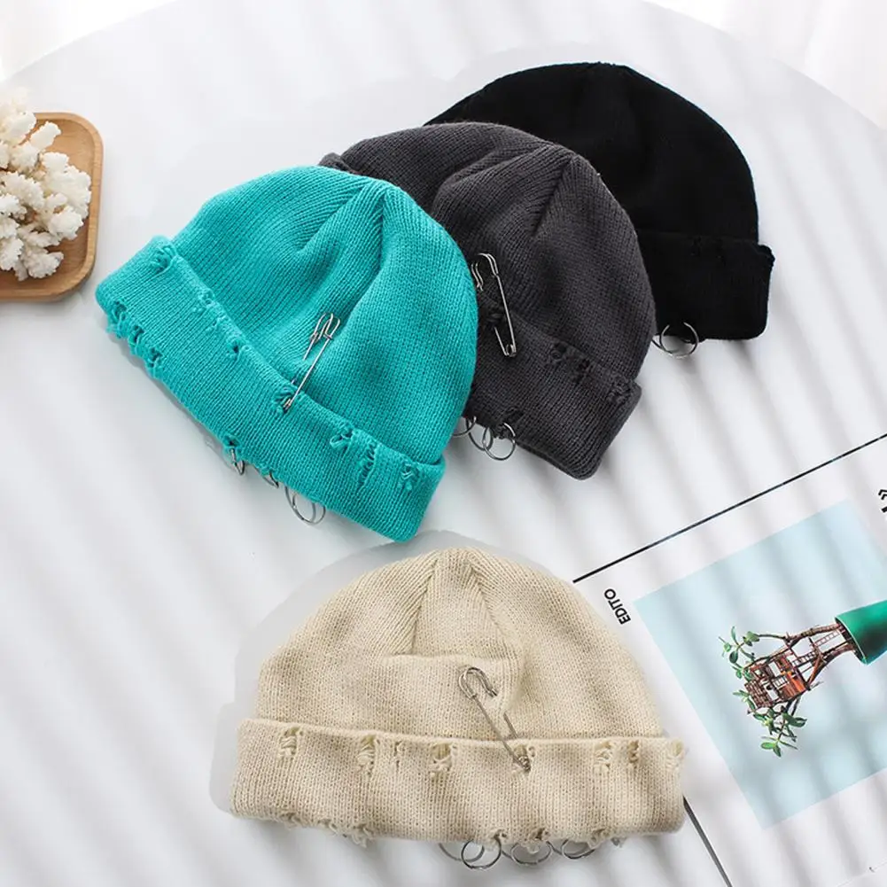 Casual Knitted Hat  Ripped Woolen Yarn Female Hat  Winter Thermal Ladies Knit Skull Cap