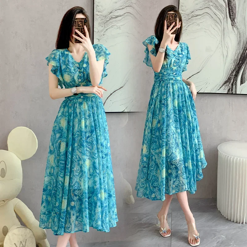 Summer Women Dresses Elegant Print Boho Beach Dress Temperament Sundress Short Sleeve Casual Elegance Dresses for Women Vestidos