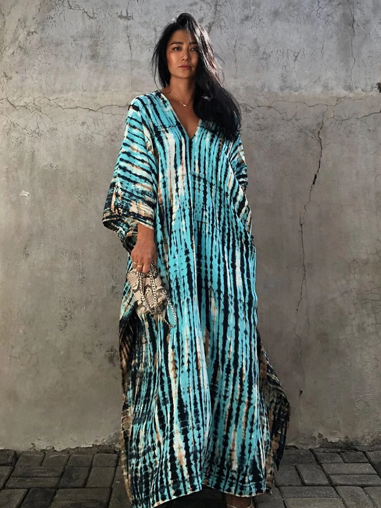 Vestido playero de estilo bohemio para mujer, traje de baño de estilo Retro a rayas, estilo Kimono, Pareo, caftán, 2023