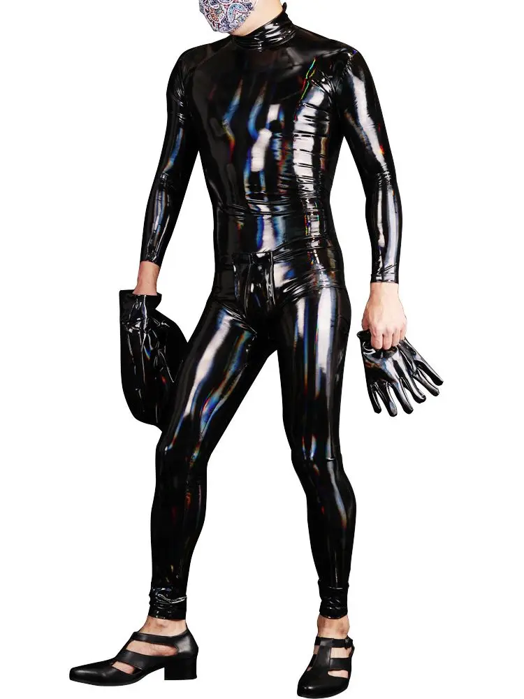 PU couro Cosplay Bodysuit para homens, olhar molhado, PVC Catsuit, brilhante laser collants, Zentai collant, macacão sexy, Unitard Teddies