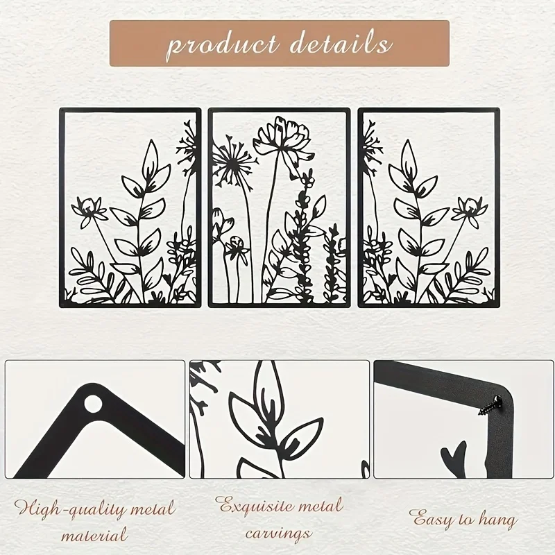 CIFBUY 3pcs Black Metal Wall Art Set Minimalist Floral Decor Abstract Iron Hanging Picture Aesthetic Bedroom Living Room Home De