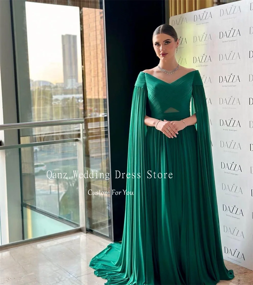 Qanz Green Long Cap Sleeves Evening Dresses Long A Line Formal Dress Women Elegant Chiffon Customized Vestidos De Fiesta