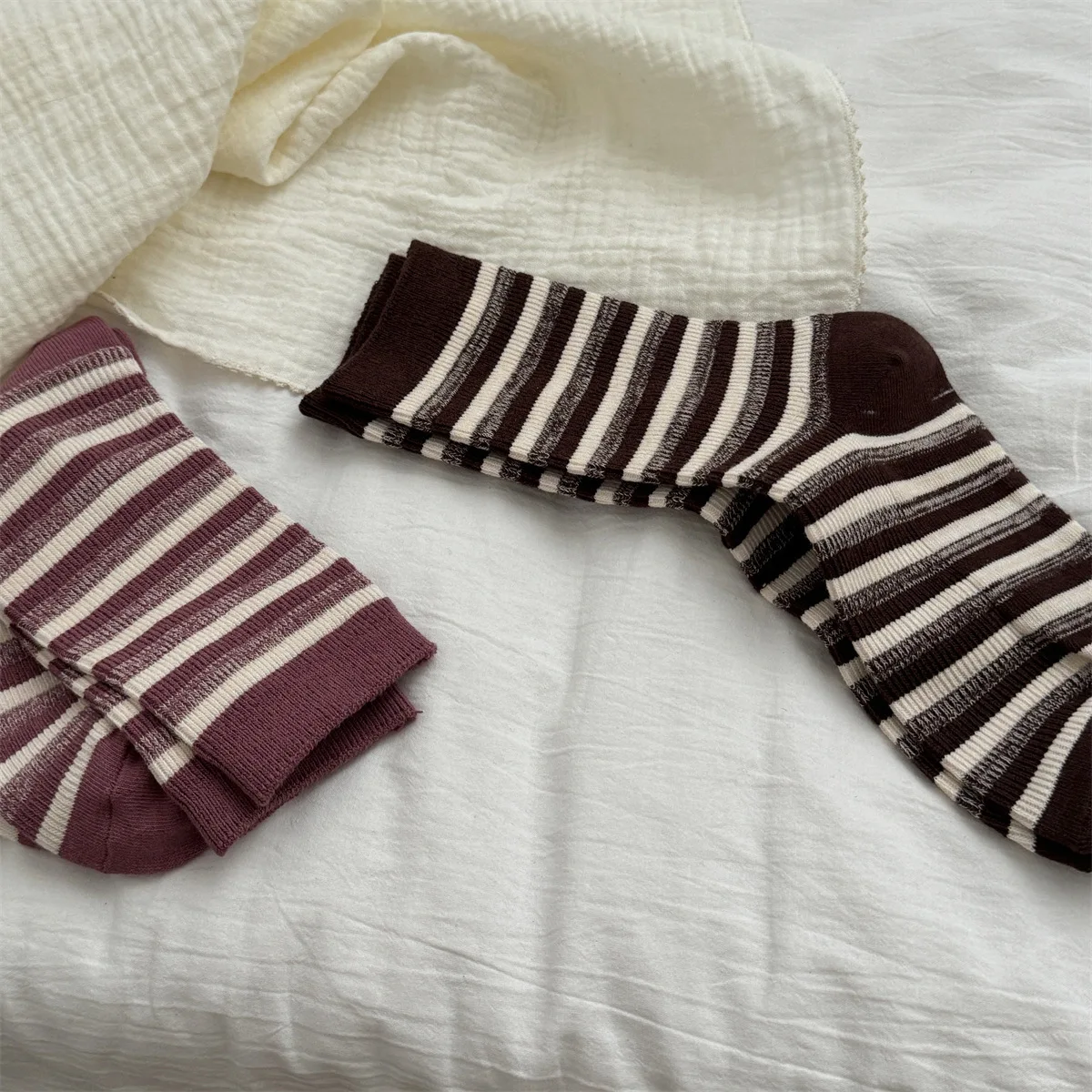 SP&CITY Korean Striped Middle Tube Women's Socks Fashion Simple Colored Breathable Knit Winter Socks Soft Casual Daily Sock