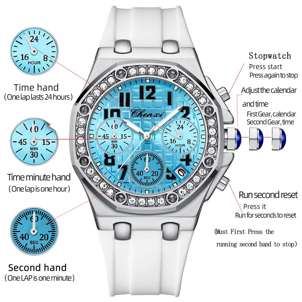 CHENXI Women's Multifunctional Watch  Diamond-Accented, Moon Phase Chronograph True Three-Eye Subdials Waterproof  Wristwatch